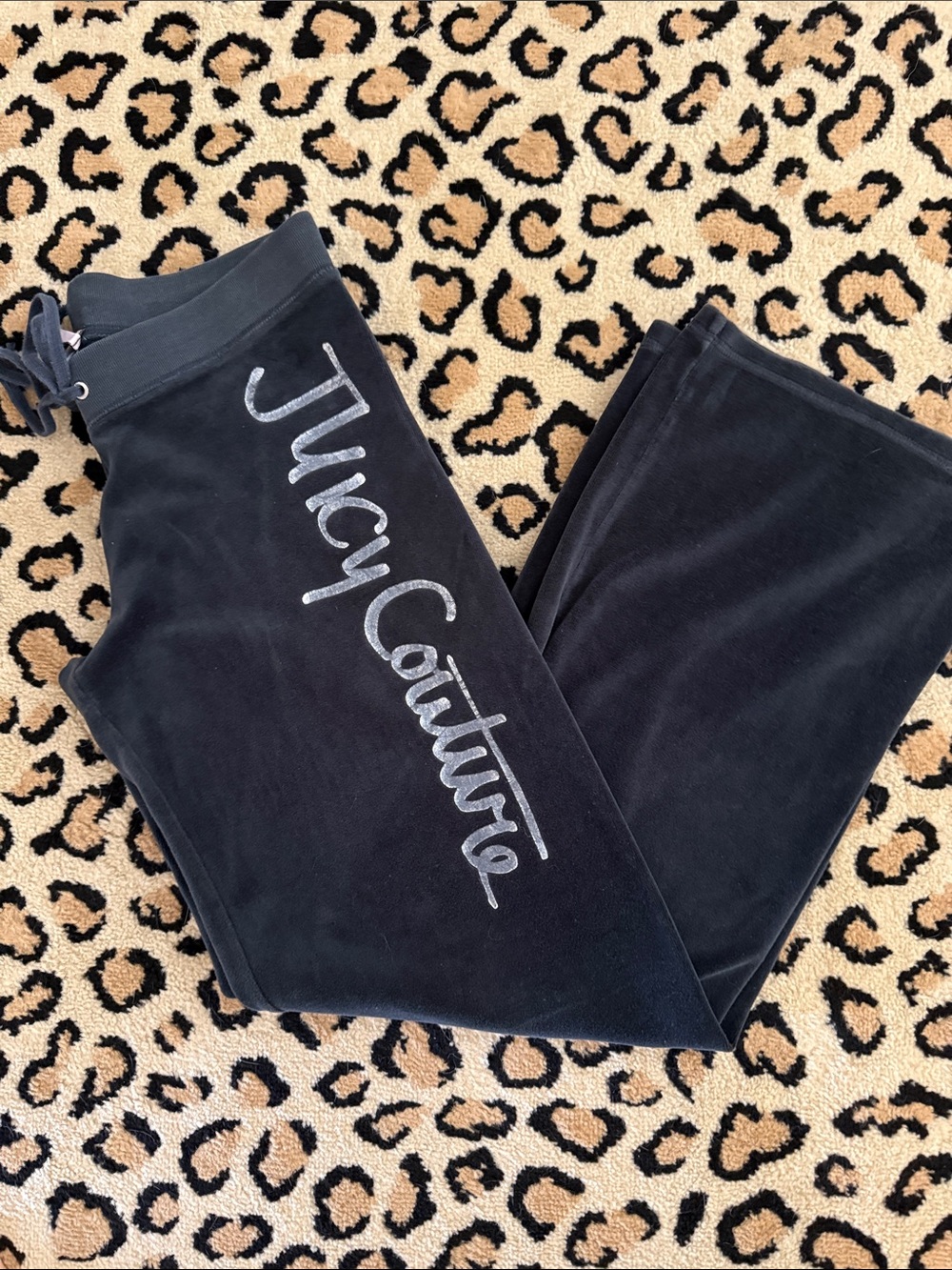 Juicy Couture Black Velour Logo Track Pants with Silver Script